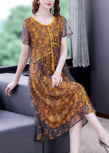 Load image into Gallery viewer, Loose Yellow O-Neck Patchwork Print Tulle Maxi Dresses Short Sleeve