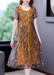 Loose Yellow O-Neck Patchwork Print Tulle Maxi Dresses Short Sleeve