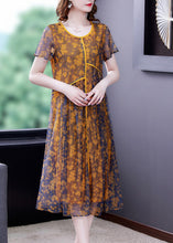 Load image into Gallery viewer, Loose Yellow O-Neck Patchwork Print Tulle Maxi Dresses Short Sleeve