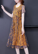 Load image into Gallery viewer, Loose Yellow O-Neck Patchwork Print Tulle Maxi Dresses Short Sleeve