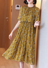 Load image into Gallery viewer, Loose Yellow Ruffled Lace Up Print Silk Dress Summer