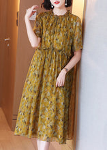 Load image into Gallery viewer, Loose Yellow Ruffled Lace Up Print Silk Dress Summer