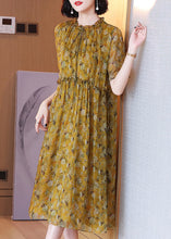 Load image into Gallery viewer, Loose Yellow Ruffled Lace Up Print Silk Dress Summer