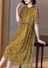 Load image into Gallery viewer, Loose Yellow Ruffled Lace Up Print Silk Dress Summer