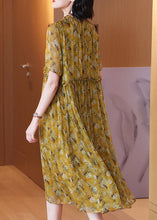 Load image into Gallery viewer, Loose Yellow Ruffled Lace Up Print Silk Dress Summer