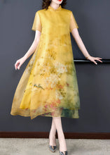 Load image into Gallery viewer, Loose Yellow Stand Collar Button Print Silk Long Dress Summer