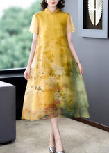 Load image into Gallery viewer, Loose Yellow Stand Collar Button Print Silk Long Dress Summer