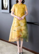 Load image into Gallery viewer, Loose Yellow Stand Collar Button Print Silk Long Dress Summer