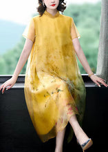 Load image into Gallery viewer, Loose Yellow Stand Collar Button Print Silk Long Dress Summer