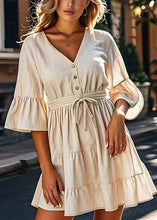 Load image into Gallery viewer, Modern Beige V Neck Lace Up Wrinkled Cotton Mid Dresses Summer