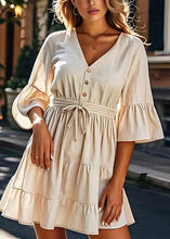 Load image into Gallery viewer, Modern Beige V Neck Lace Up Wrinkled Cotton Mid Dresses Summer