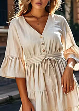 Load image into Gallery viewer, Modern Beige V Neck Lace Up Wrinkled Cotton Mid Dresses Summer