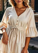 Load image into Gallery viewer, Modern Beige V Neck Lace Up Wrinkled Cotton Mid Dresses Summer