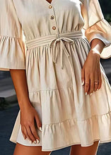 Load image into Gallery viewer, Modern Beige V Neck Lace Up Wrinkled Cotton Mid Dresses Summer