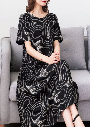 Modern Black O Neck Print Pockets Patchwork Cotton Dress Summer