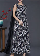 Load image into Gallery viewer, Modern Black Print Patchwork Shawl Chiffon Long Dress Sleeveless