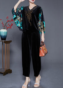 Modern Black Print Zircon Silk Velour Two Pieces Set Batwing Sleeve