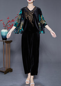 Modern Black Print Zircon Silk Velour Two Pieces Set Batwing Sleeve