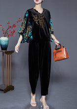 Load image into Gallery viewer, Modern Black Print Zircon Silk Velour Two Pieces Set Batwing Sleeve