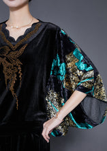 Load image into Gallery viewer, Modern Black Print Zircon Silk Velour Two Pieces Set Batwing Sleeve