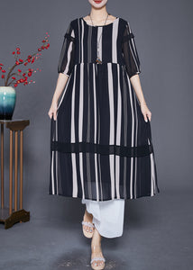 Modern Black Striped Patchwork Chiffon Maxi Dresses Half Sleeve