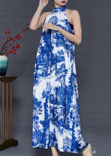 Load image into Gallery viewer, Modern Blue Cold Shoulder Print Cotton A Line Dress Summer