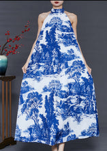 Load image into Gallery viewer, Modern Blue Cold Shoulder Print Cotton A Line Dress Summer