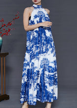 Load image into Gallery viewer, Modern Blue Cold Shoulder Print Cotton A Line Dress Summer