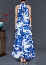 Load image into Gallery viewer, Modern Blue Cold Shoulder Print Cotton A Line Dress Summer