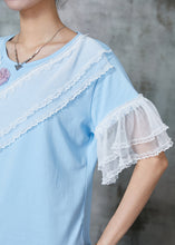 Load image into Gallery viewer, Modern Blue Floral Patchwork Lace Cotton Tank Flare Sleeve