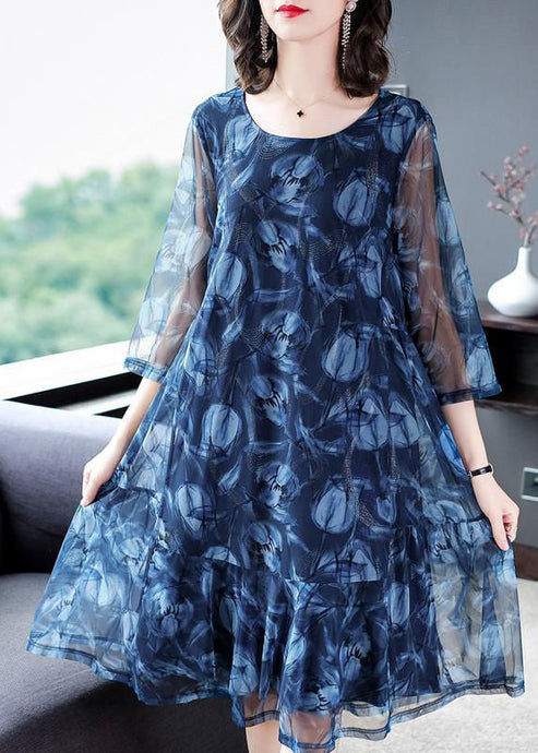 Modern Blue O-Neck Print Tulle Long Dresses Summer