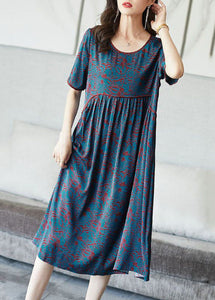 Modern Blue O Neck Wrinkled Patchwork Print Silk Dresses Summer