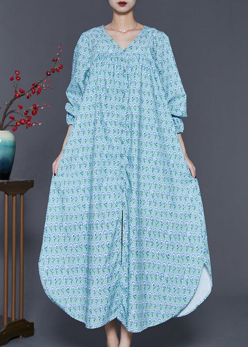 Modern Blue Oversized Print Side Open Cotton Ankle Dress Spring