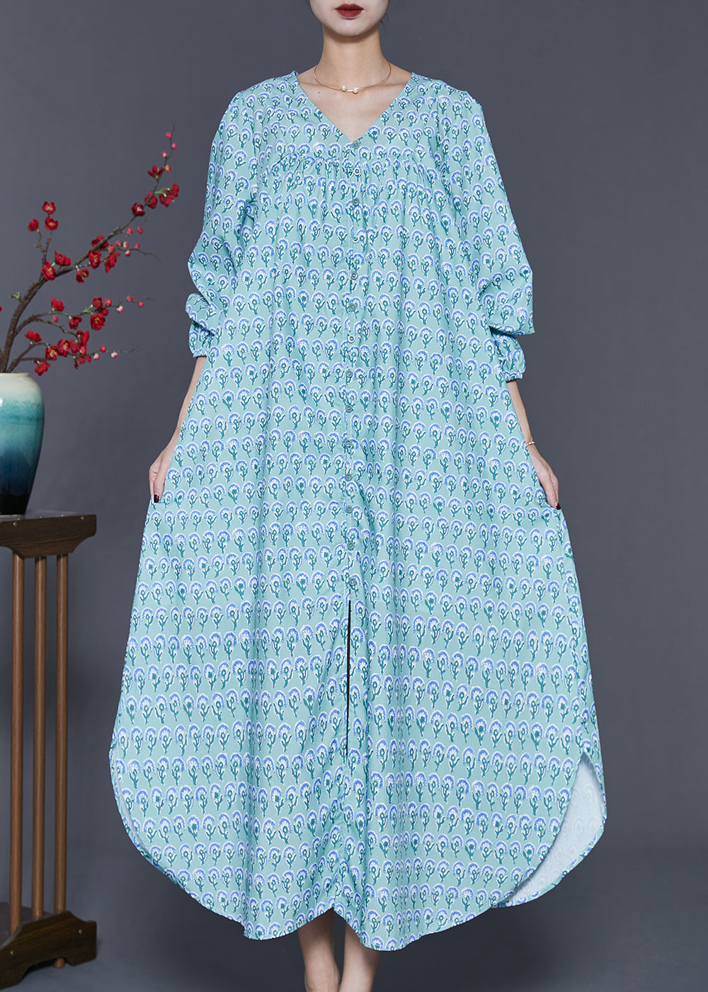 Modern Blue Oversized Print Side Open Cotton Ankle Dress Spring