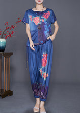 Load image into Gallery viewer, Modern Blue Print Drawstring Pocket Cotton Two Pieces Set Summer