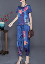 Load image into Gallery viewer, Modern Blue Print Drawstring Pocket Cotton Two Pieces Set Summer