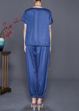 Load image into Gallery viewer, Modern Blue Print Drawstring Pocket Cotton Two Pieces Set Summer