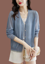 Load image into Gallery viewer, Modern Blue V Neck Lace Patchwork Button Ice Size Knit Cardigans Long Sleeve