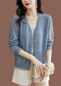 Modern Blue V Neck Lace Patchwork Button Ice Size Knit Cardigans Long Sleeve