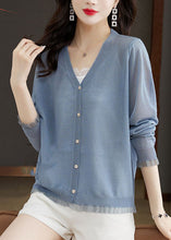 Load image into Gallery viewer, Modern Blue V Neck Lace Patchwork Button Ice Size Knit Cardigans Long Sleeve