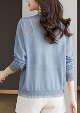 Load image into Gallery viewer, Modern Blue V Neck Lace Patchwork Button Ice Size Knit Cardigans Long Sleeve