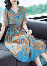 Load image into Gallery viewer, Modern Blue V Neck Print Elastic Waist Silk Long Dress Flare Sleeve