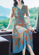 Load image into Gallery viewer, Modern Blue V Neck Print Elastic Waist Silk Long Dress Flare Sleeve