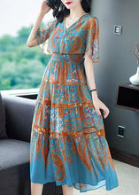 Load image into Gallery viewer, Modern Blue V Neck Print Elastic Waist Silk Long Dress Flare Sleeve