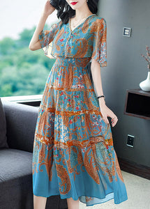 Modern Blue V Neck Print Elastic Waist Silk Long Dress Flare Sleeve