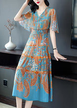 Load image into Gallery viewer, Modern Blue V Neck Print Elastic Waist Silk Long Dress Flare Sleeve