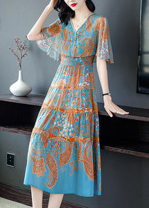 Modern Blue V Neck Print Elastic Waist Silk Long Dress Flare Sleeve