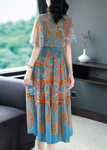 Load image into Gallery viewer, Modern Blue V Neck Print Elastic Waist Silk Long Dress Flare Sleeve