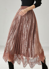 Load image into Gallery viewer, Modern Brown Patchwork Lace Silk Velvet Pleated Skirts Spring