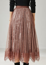 Load image into Gallery viewer, Modern Brown Patchwork Lace Silk Velvet Pleated Skirts Spring